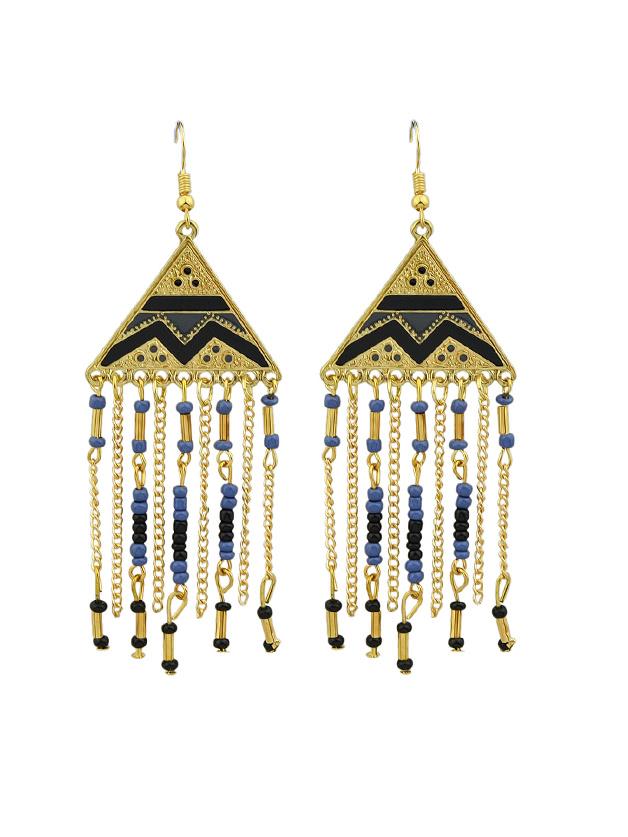 Romwe Black National Wind Beaded Tassel Earrings