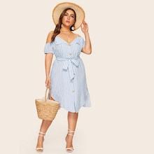 Romwe Plus Cold Shoulder Striped Shirt Dress