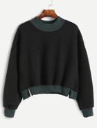 Romwe Black Contrast Trim Mock Neck Striped Texture Sweatshirt