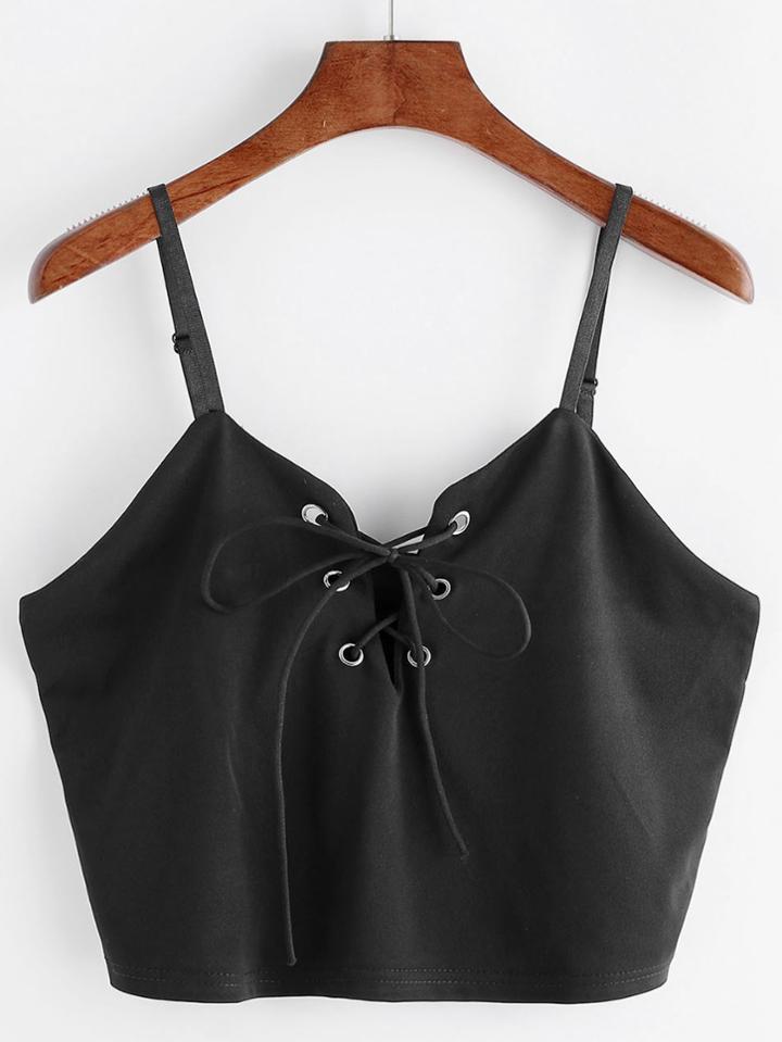 Romwe Black Lace Up Front Crop Cami Top
