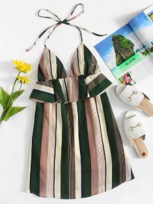 Romwe Stripe Self Tie Neck Ruffle Dress