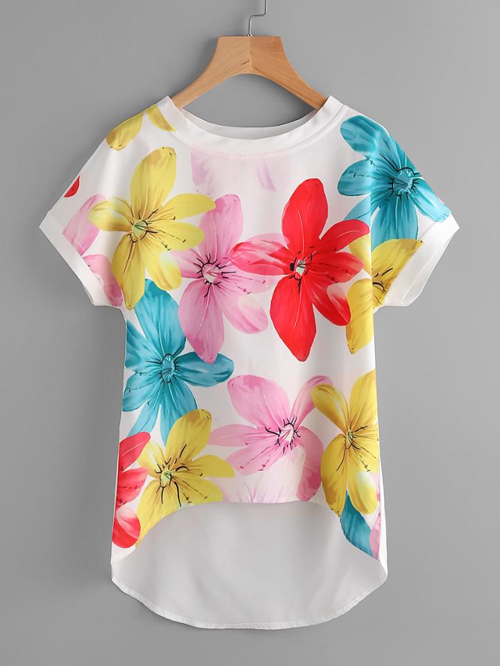 Romwe Dolman Sleeve Dip Hem Florals Chiffon Blouse