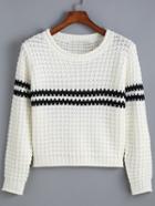 Romwe Striped Open-knit White Sweater