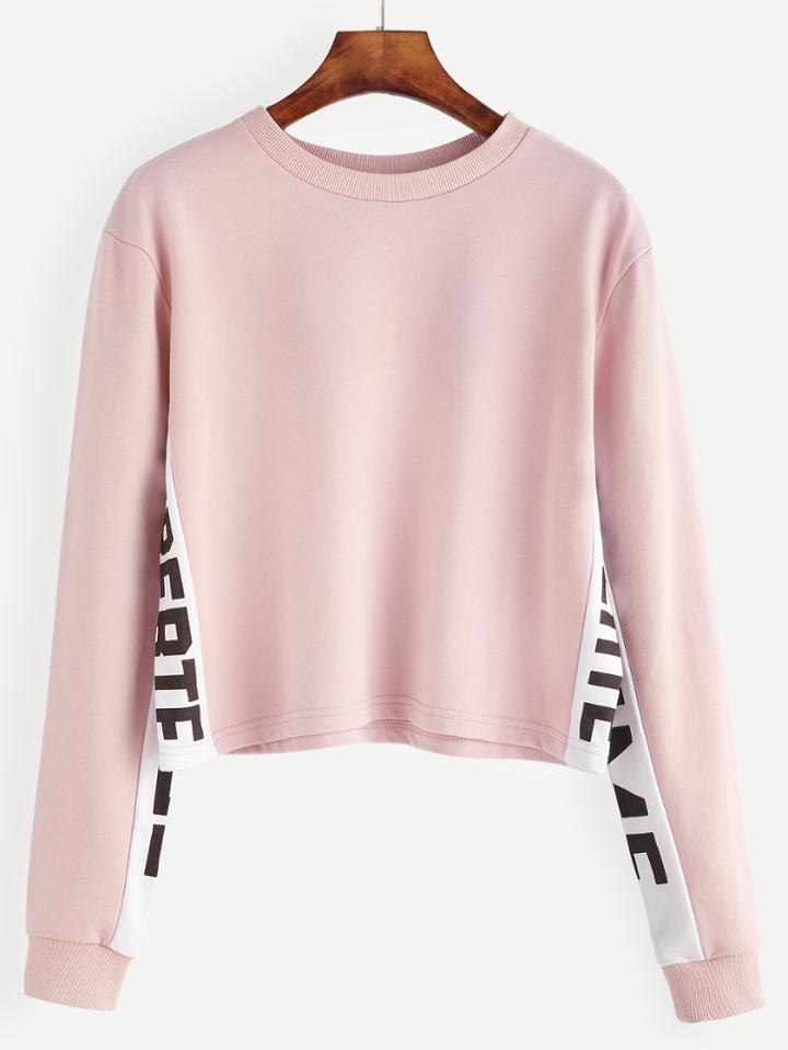 Romwe Pink Contrast Letter Print Sweatshirt