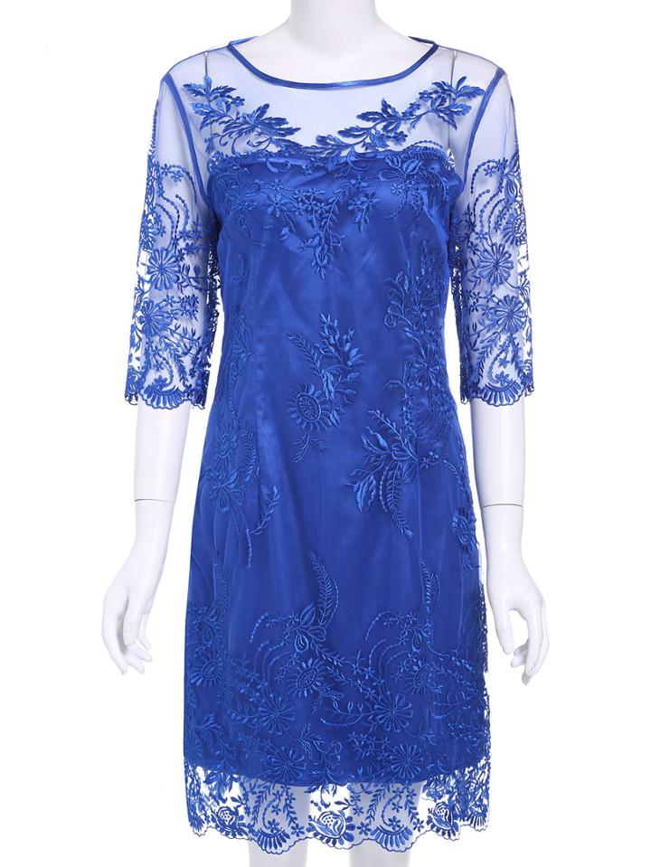 Romwe Blue Round Neck Half Sleeve Embroidered Dress