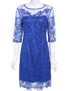 Romwe Blue Round Neck Half Sleeve Embroidered Dress