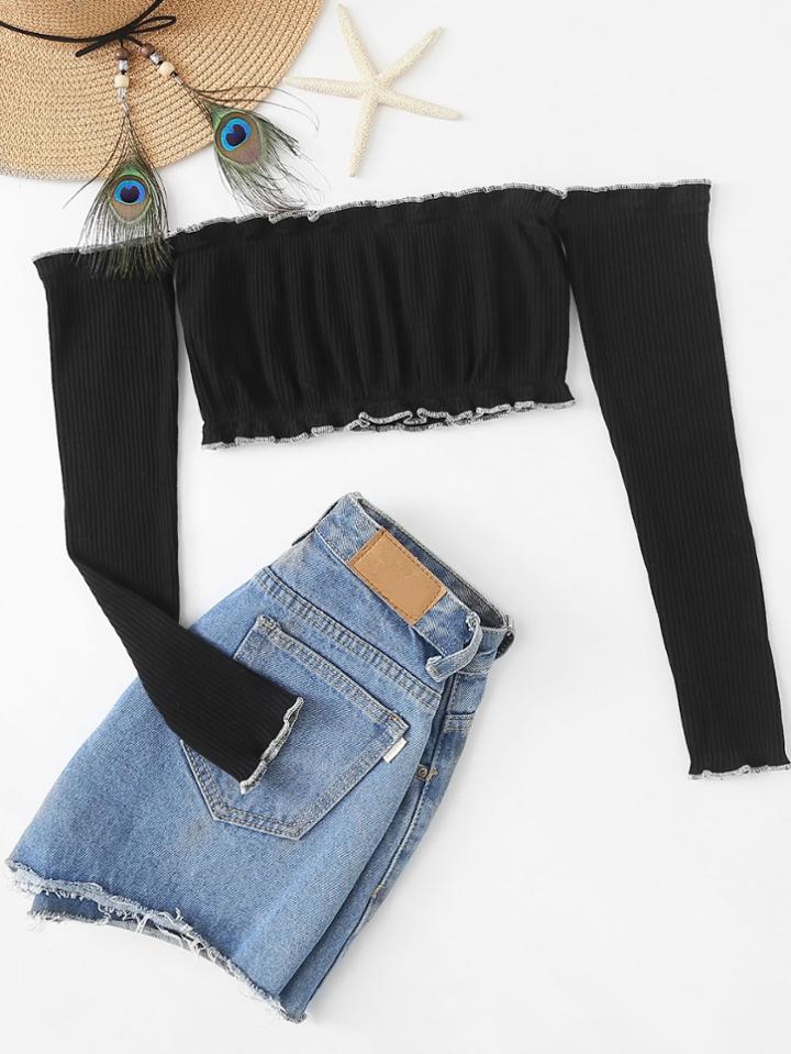 Romwe Frill Trim Ribbed Crop Tee