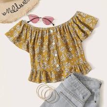 Romwe Ditsy Floral Button Front Ruffle Hem Off Shoulder Blouse