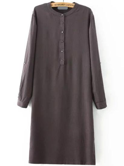 Romwe Stand Collar Jacquard Split Side Shirt Dress