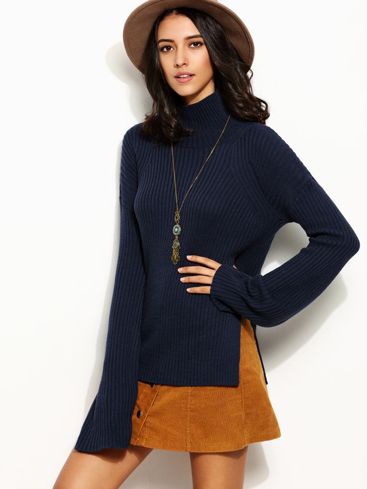 Romwe Navy High Neck Long Sleeve Split Side Sweater