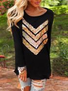 Romwe Black Round Neck Sequined Loose T-shirt