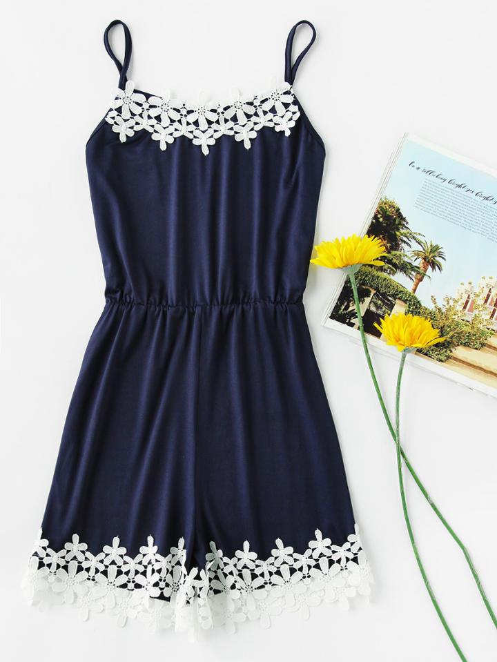 Romwe Contrast Lace Hem Cami Romper