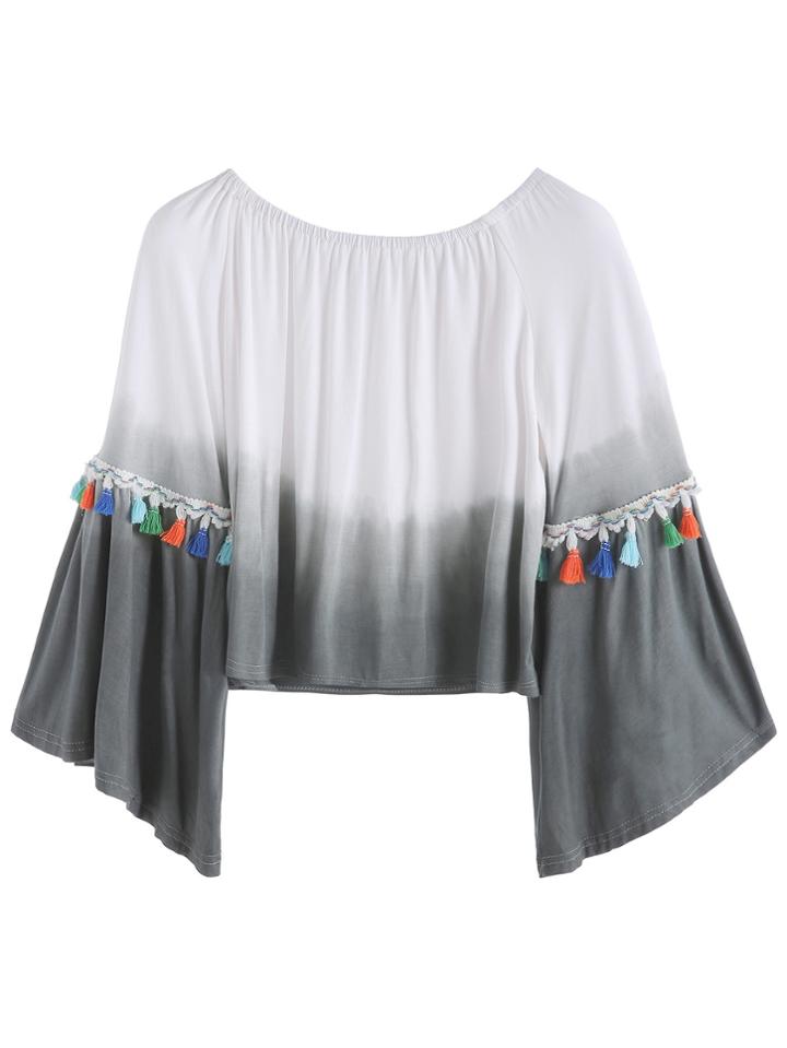 Romwe Ombre Bell Sleeve Crop Fringe T-shirt
