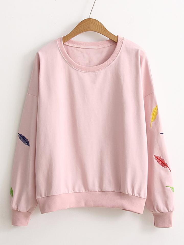 Romwe Feather Embroidery Drop Shoulder Sweatshirt