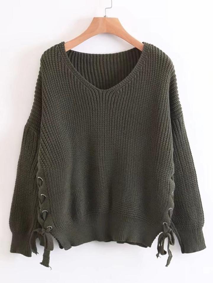 Romwe Lace Up Side V Cut Sweater