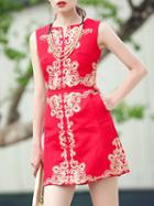 Romwe Red Round Neck Sleeveless Embroidered Dress