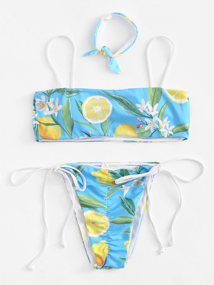 Romwe Tie Side Bikini Set With Choker