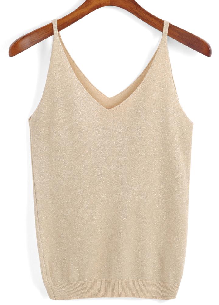Romwe V Neck Knit Camel Tank Top