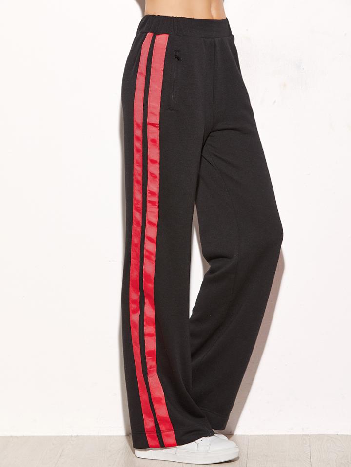Romwe Black Side Striped Zip Pocket Wide Leg Pants