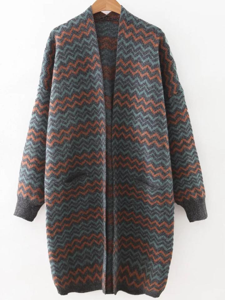 Romwe Grey Wave Print Collarless Pocket Long Cardigan
