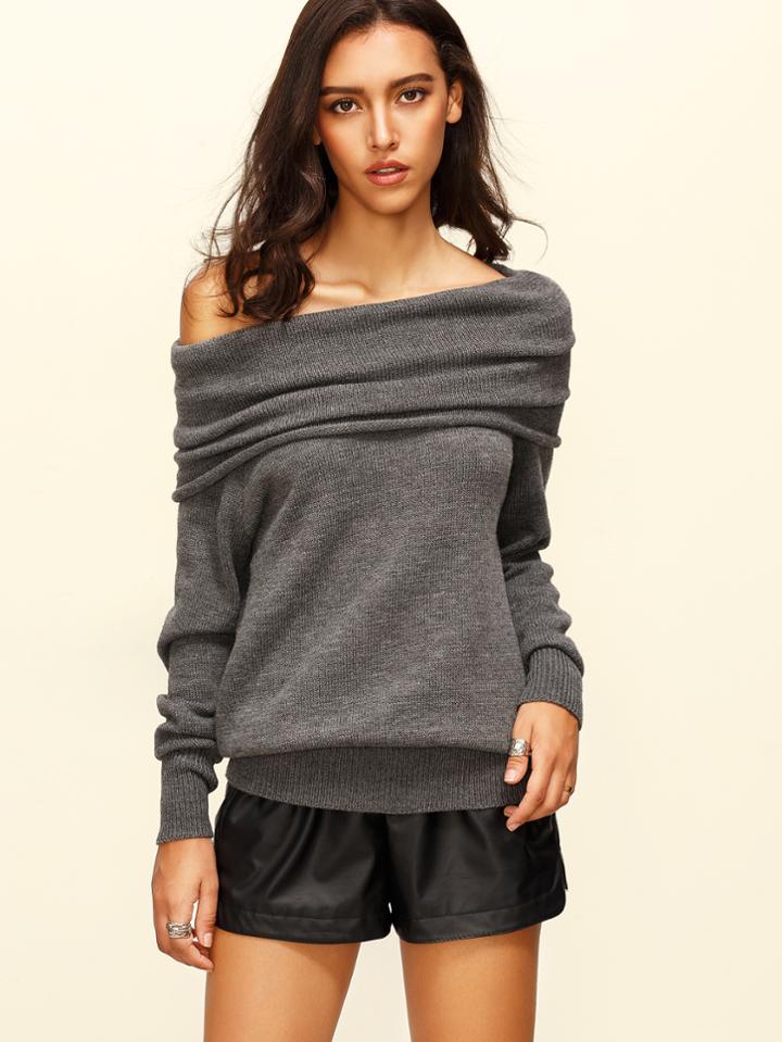 Romwe Grey Convertible Neck Long Sleeve Knitted T-shirt
