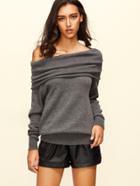 Romwe Grey Convertible Neck Long Sleeve Knitted T-shirt