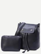 Romwe Black Faux Leather Drawstring Flap Backpack With Clutch