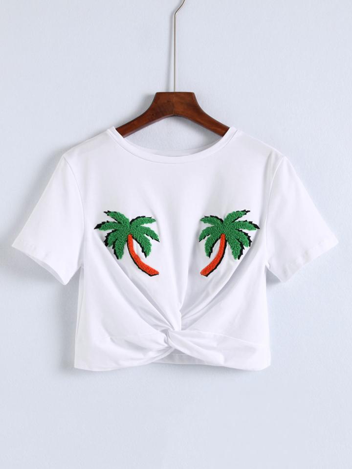 Romwe Palm Tree Pattern Knot Front Crop Tee
