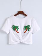 Romwe Palm Tree Pattern Knot Front Crop Tee