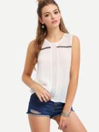 Romwe White Round Neck Embroidered Tank Top