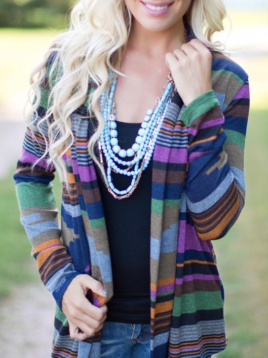 Romwe Striped Asymmetrical Multicolor Cardigan