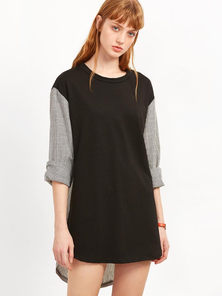 Romwe Black Striped Dip Hem Blouse