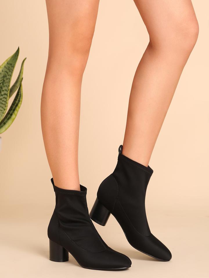 Romwe Black Nylon Almond Toe Chunky Heel Short Boots