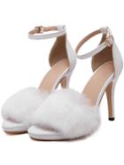 Romwe White Peep Toe Faux Fur High Stiletto Heel Sandals