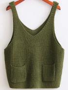 Romwe Army Green Strap Knit Cami Top With Pocket