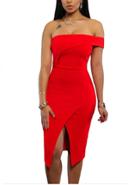 Romwe Red Asymmetric Off The Shoulder Slit Bodycon Dress