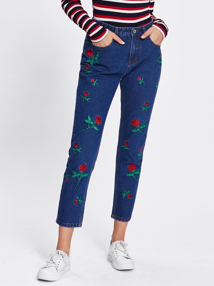 Romwe Allover Flower Embroidery Front Jeans
