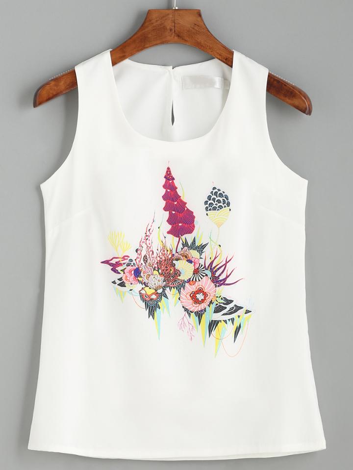 Romwe White Sea Creature Print Tank Top