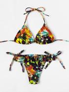 Romwe Abstract Print Ruffle Detail Side Tie Bikini Set