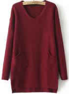 Romwe V Neck Pockets Loose Wine Red Sweater