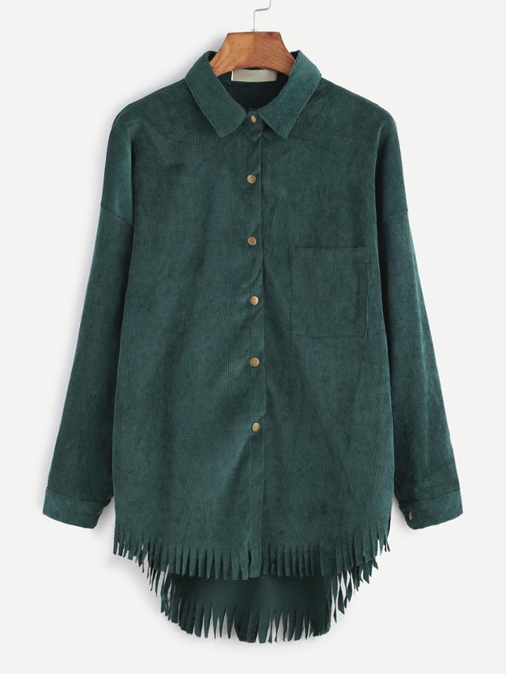 Romwe Dark Green Corduroy Dip Hem Fringe Hem Blouse