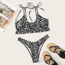 Romwe Calico Print Frill Hem Top With High Cut Bikini