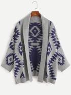 Romwe Grey Batwing Long Sleeve Geometric Cardigan Sweater