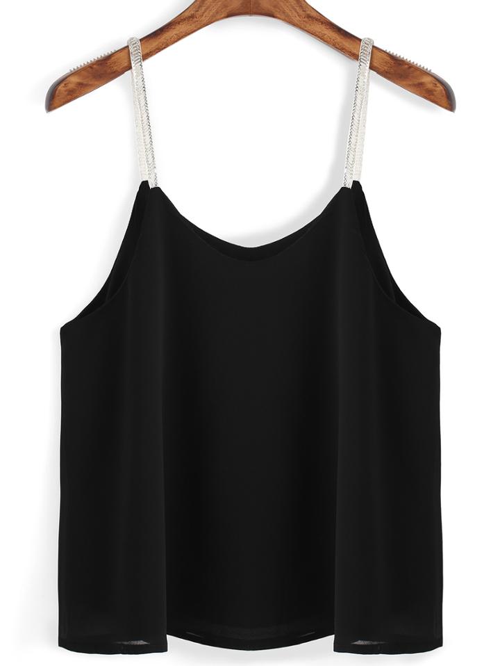 Romwe Spaghetti Strap Bead Chiffon Black Cami Top