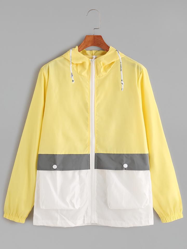 Romwe Yellow Contrast Drawstring Hooded Zip Up Coat