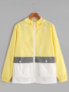 Romwe Yellow Contrast Drawstring Hooded Zip Up Coat