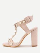 Romwe Faux Pearl Detail T Strap Heeled Sandals