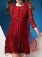 Romwe Burgundy Contrast Organza Shift Lace Dress