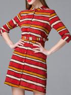 Romwe Red Color Block Striped Pockets Belted Dress