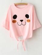 Romwe Pink Bell Sleeve Self-tie Bow Print T-shirt